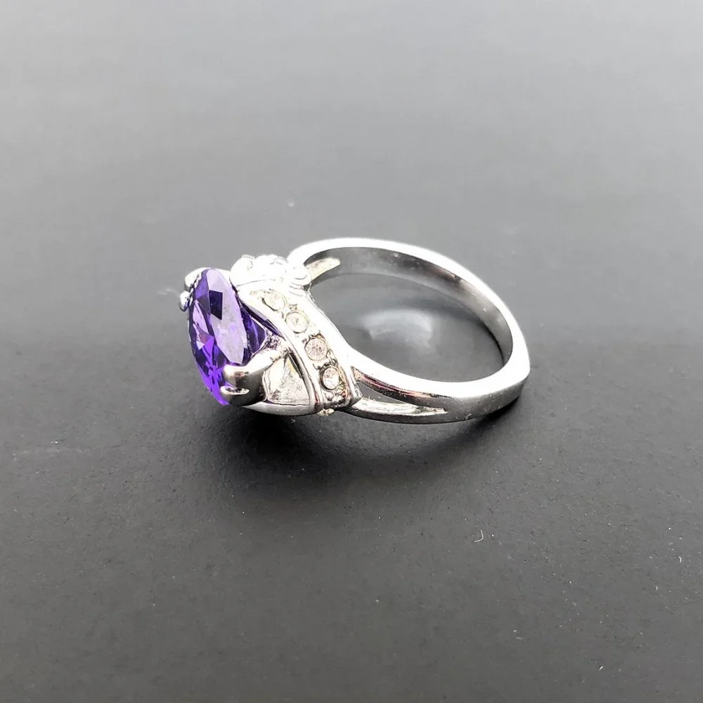 Simulated Amethyst & Rhinestone Silver Tone Ring Size 6 - Picture 2 of 10